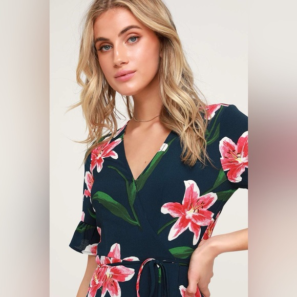 Lulus Stargazer Lily Navy Blue Floral Print Maxi Wrap Dress - Picture 2 of 8